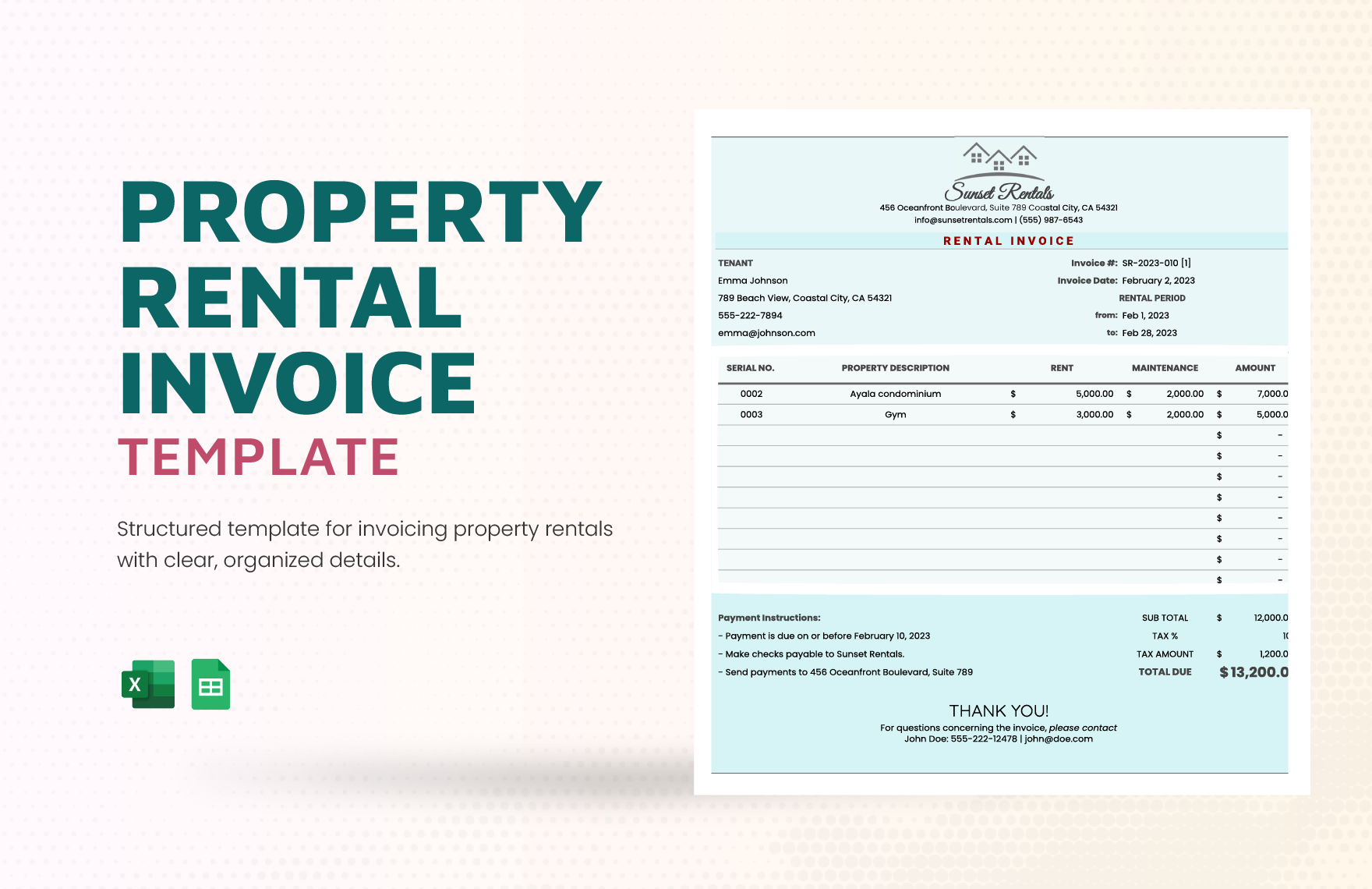 Property Rental Invoice Template in Excel, Google Sheets