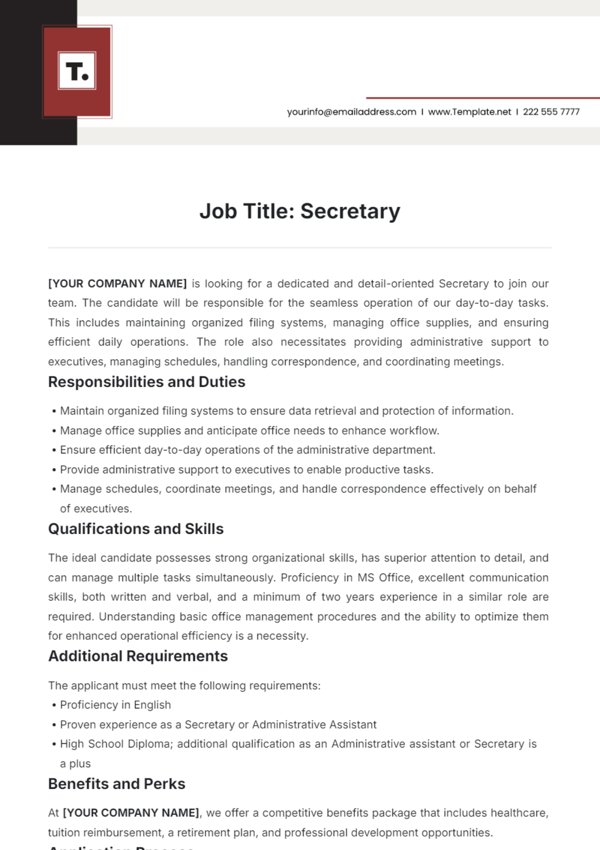 Secretary Job Description Design Template