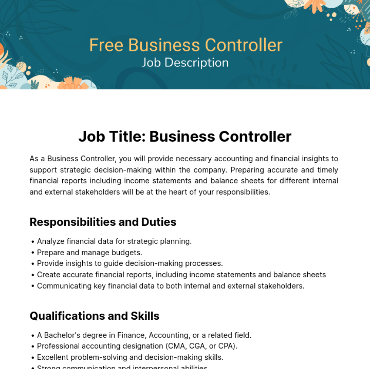 Business Controller Job Description Template