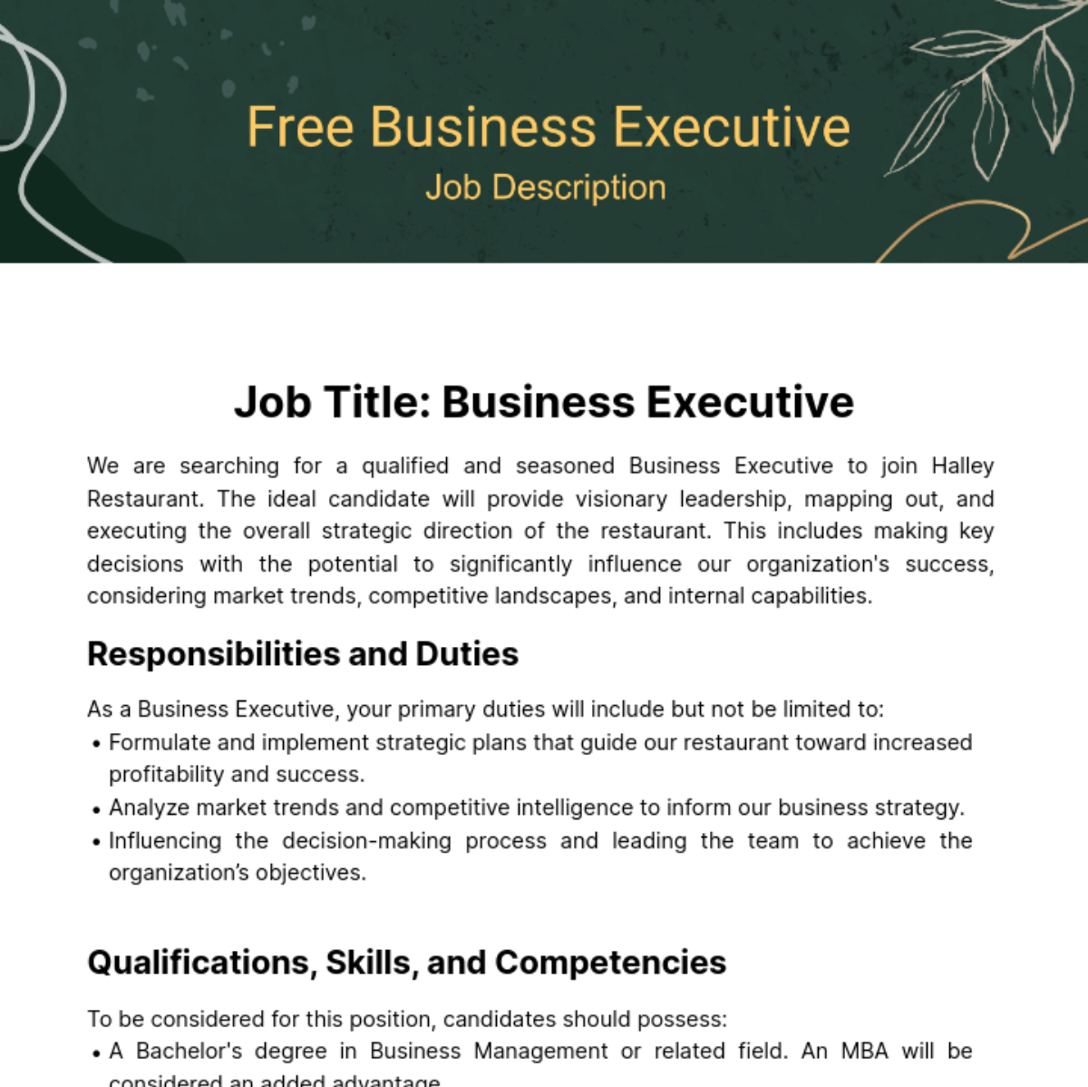 Business Executive Job Description Template