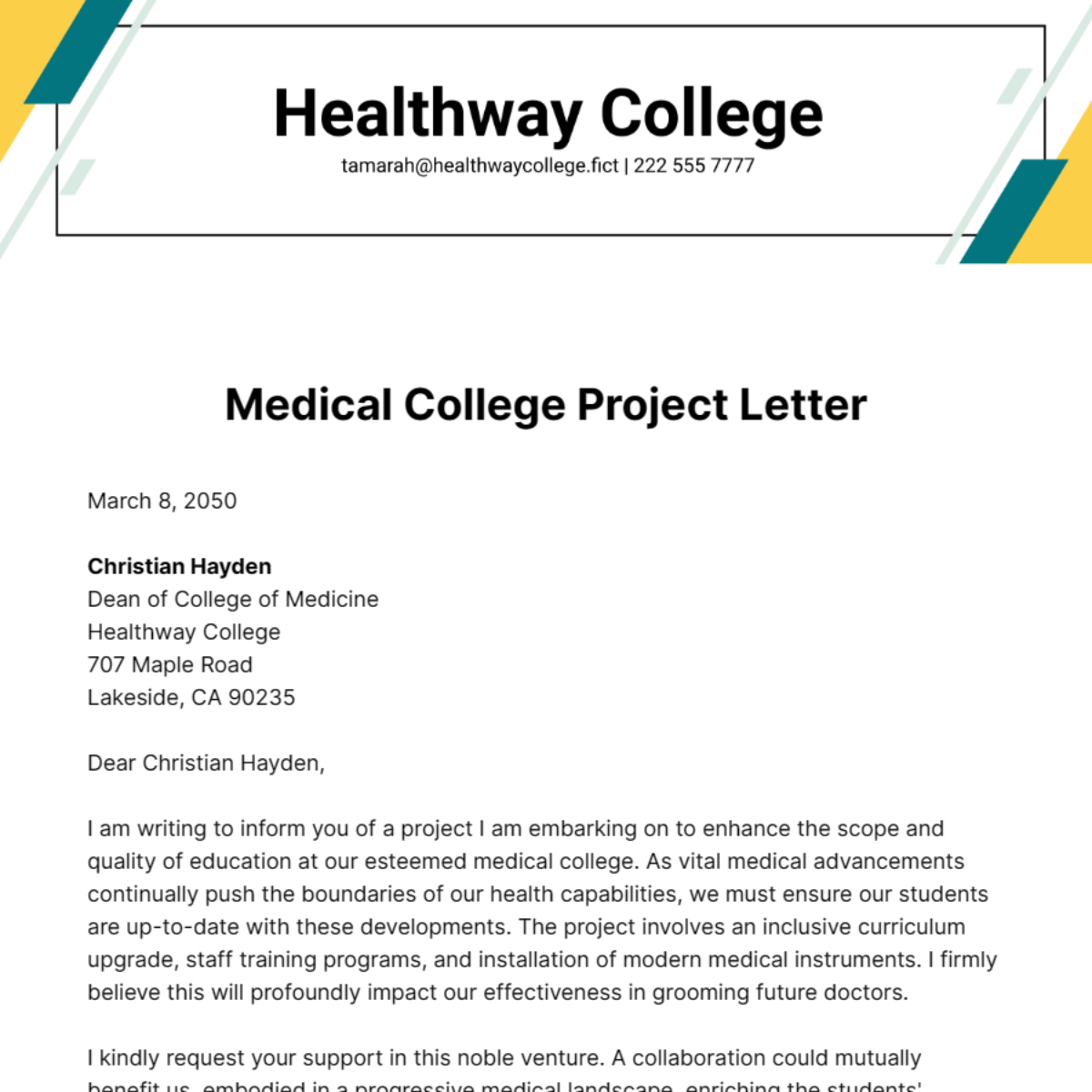 Medical College Project Letter Template