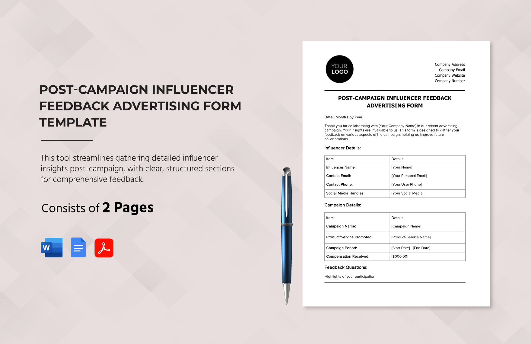 Post-Campaign Influencer Feedback Advertising Form Template in Word, Google Docs, PDF