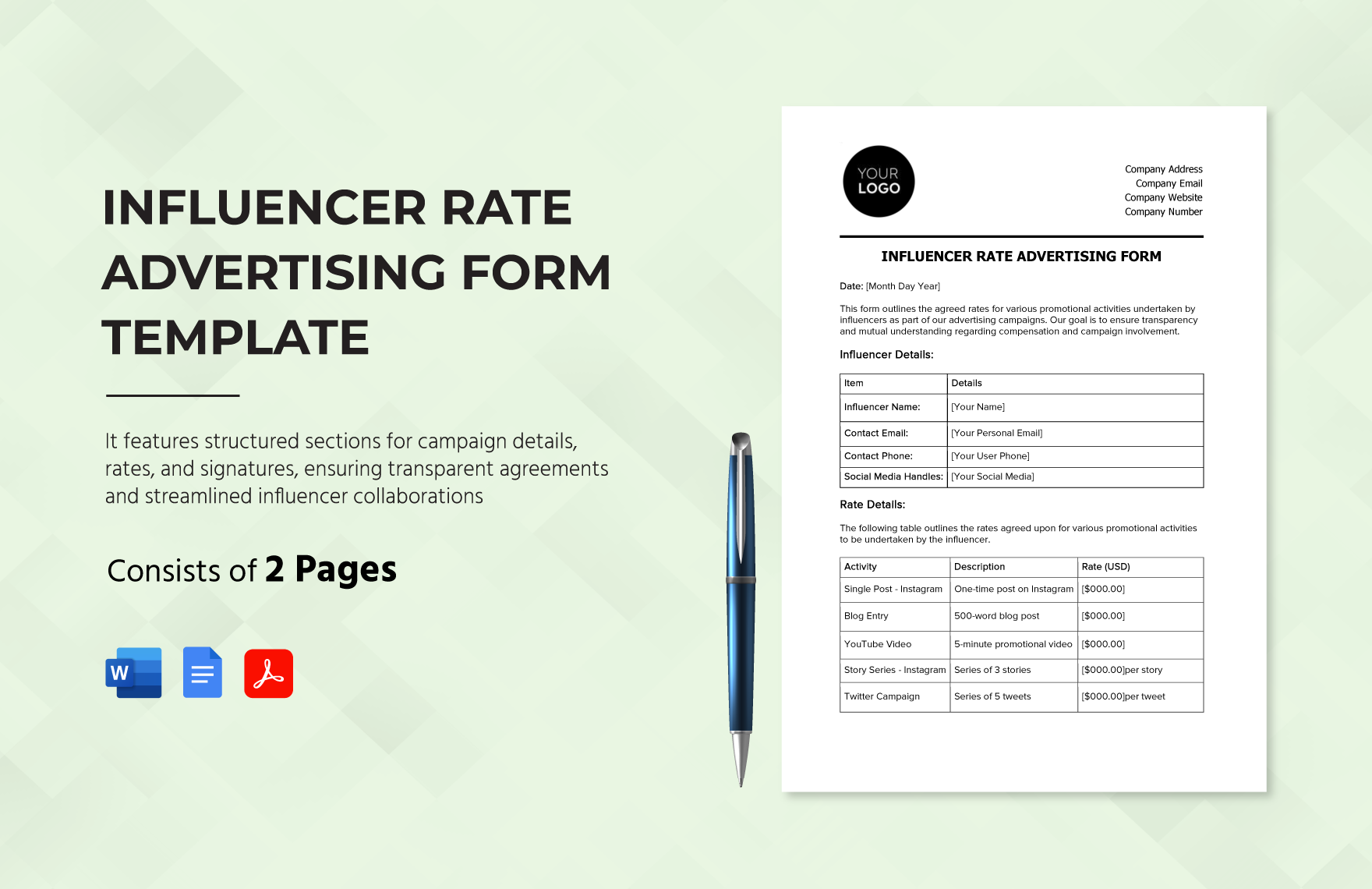 Influencer Rate Advertising Form Template in Word, Google Docs, PDF