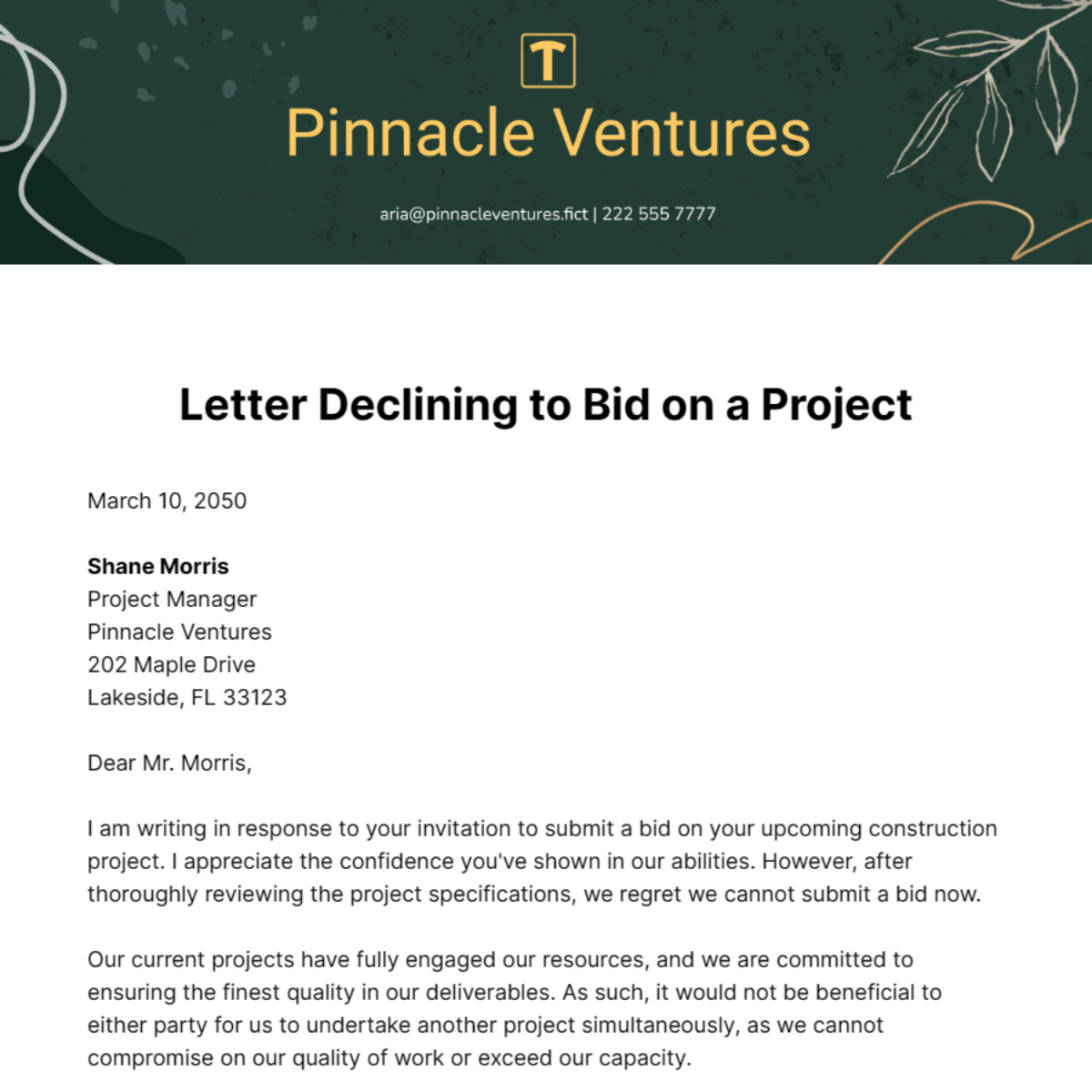Letter Declining to Bid on a Project Template