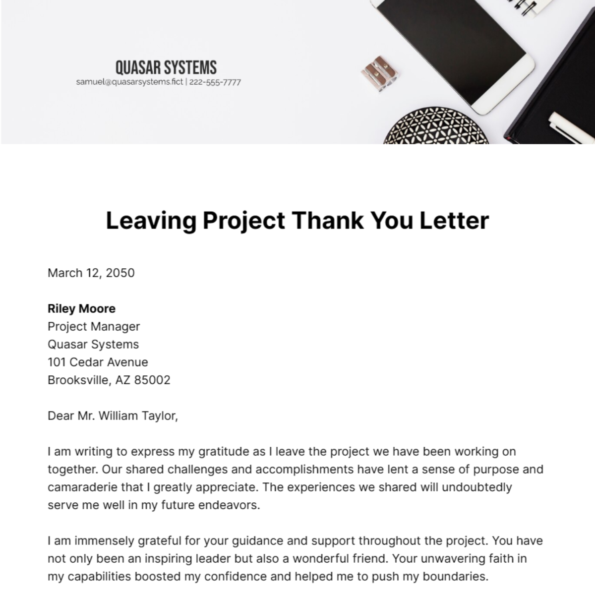 Leaving Project Thank you Letter Template