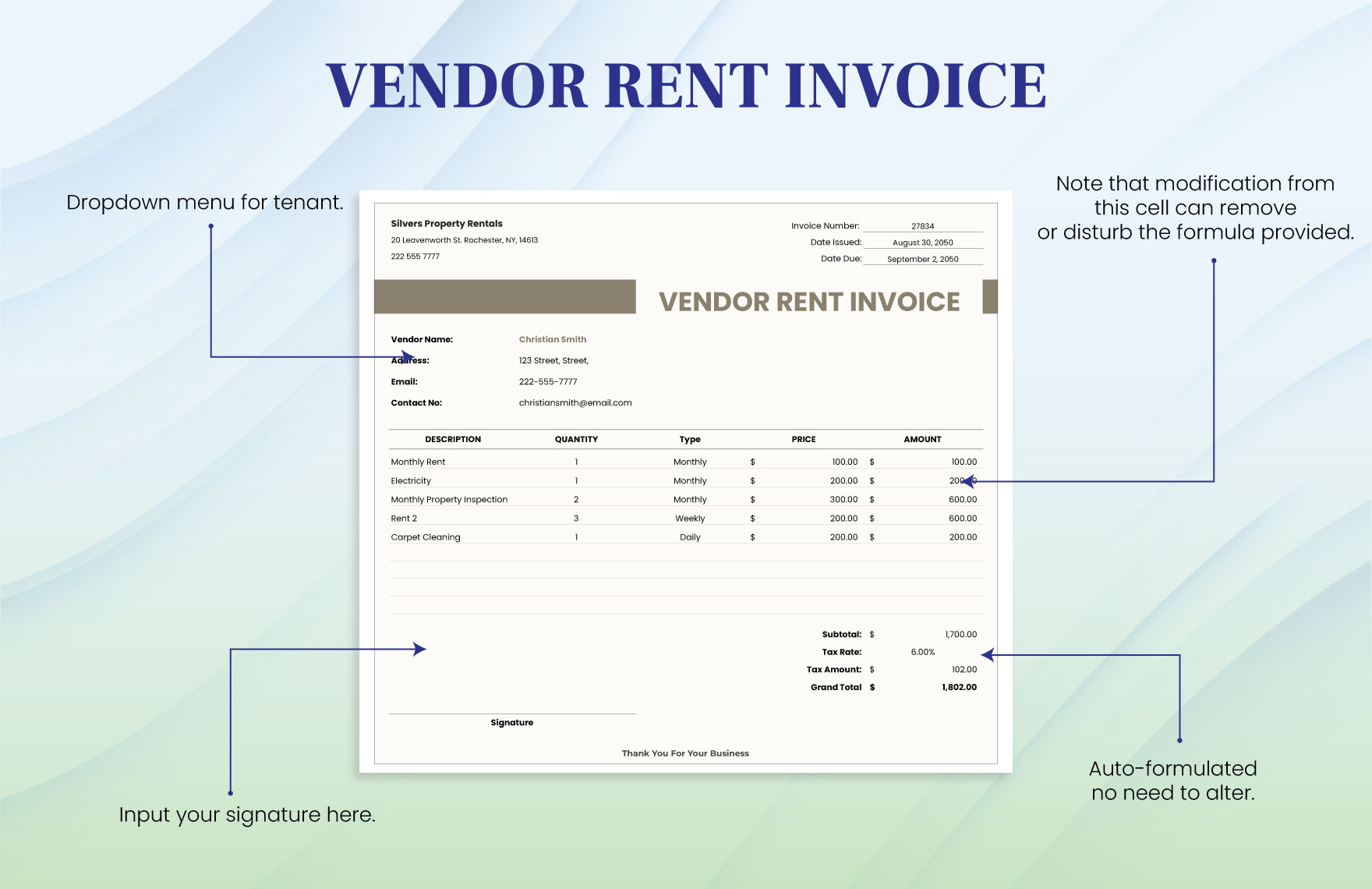 Vendor Rent Invoice Template