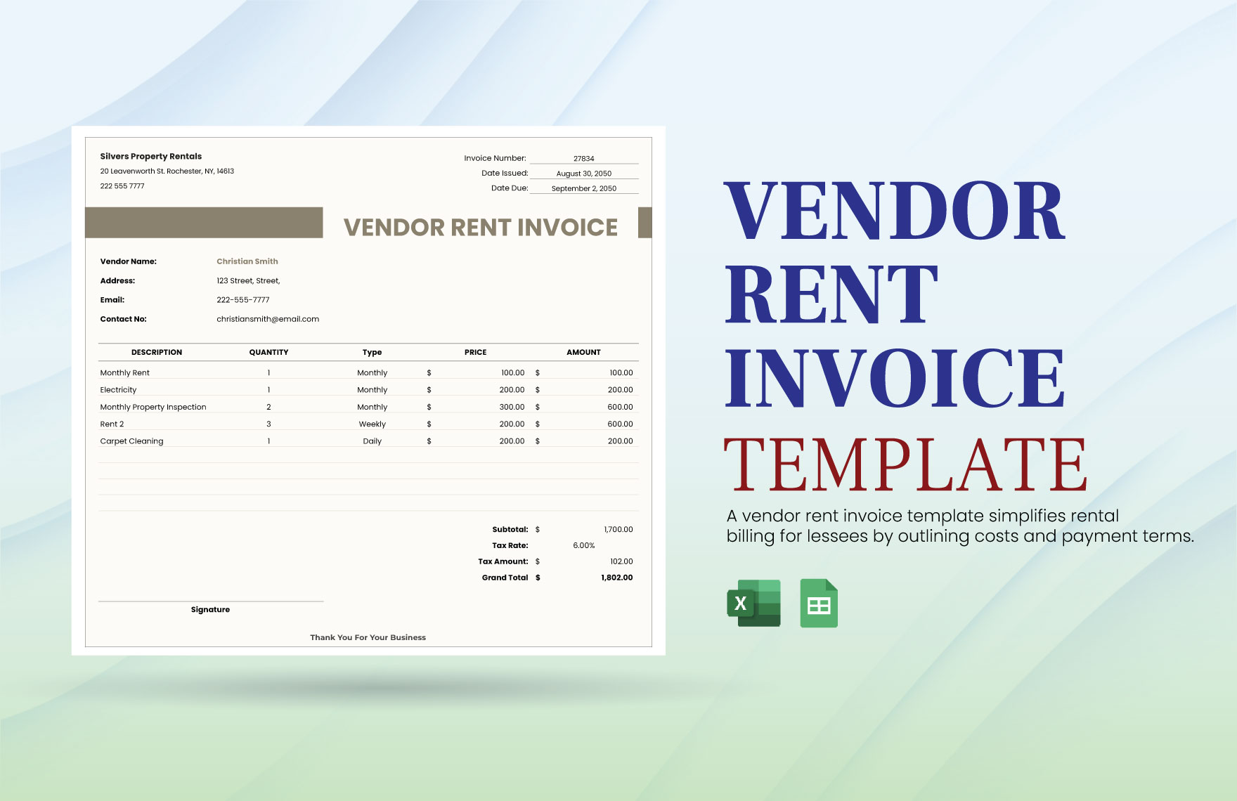 Vendor Rent Invoice Template in Excel, Google Sheets