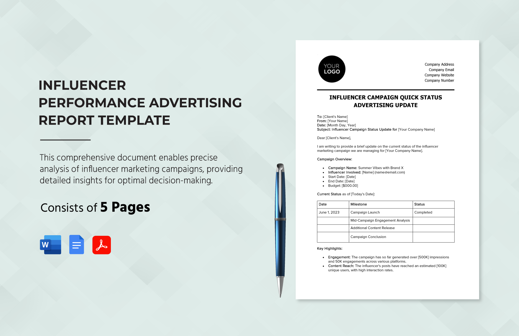 Influencer Performance Advertising Report Template in Word, Google Docs, PDF