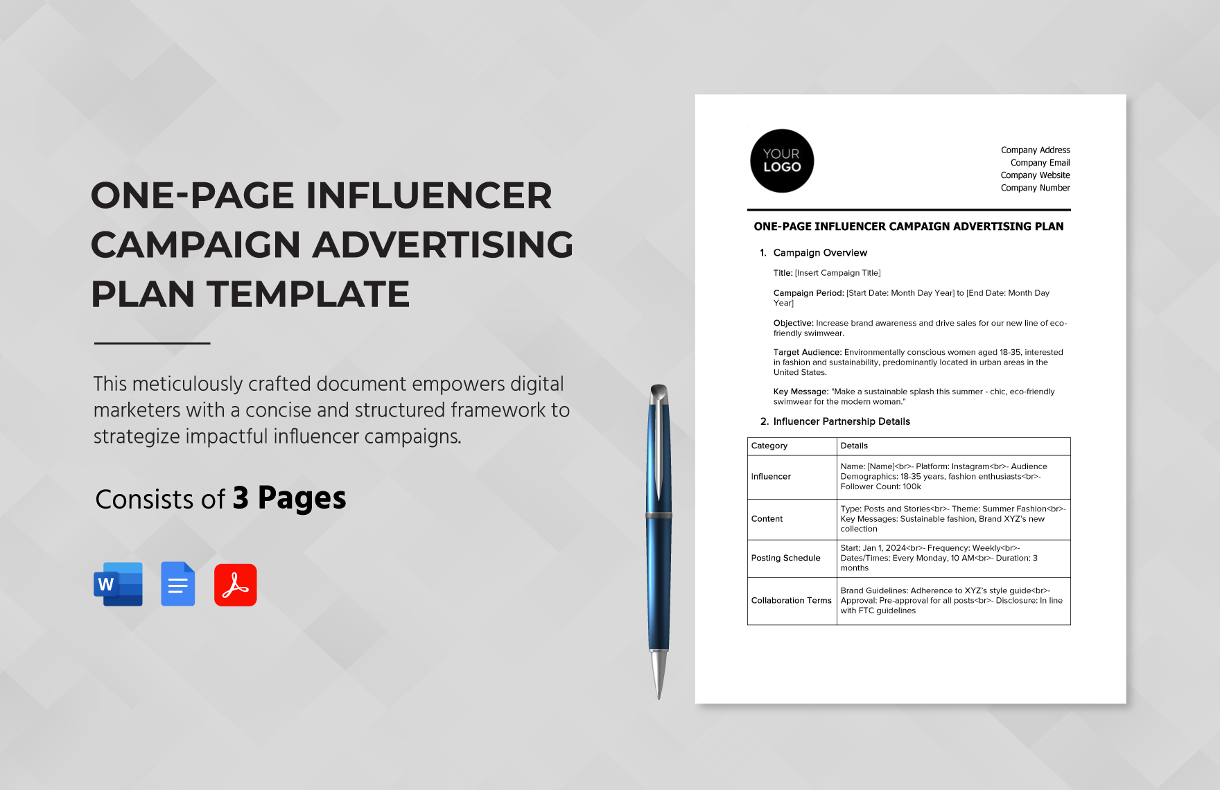 One-Page Influencer Campaign Advertising Plan Template