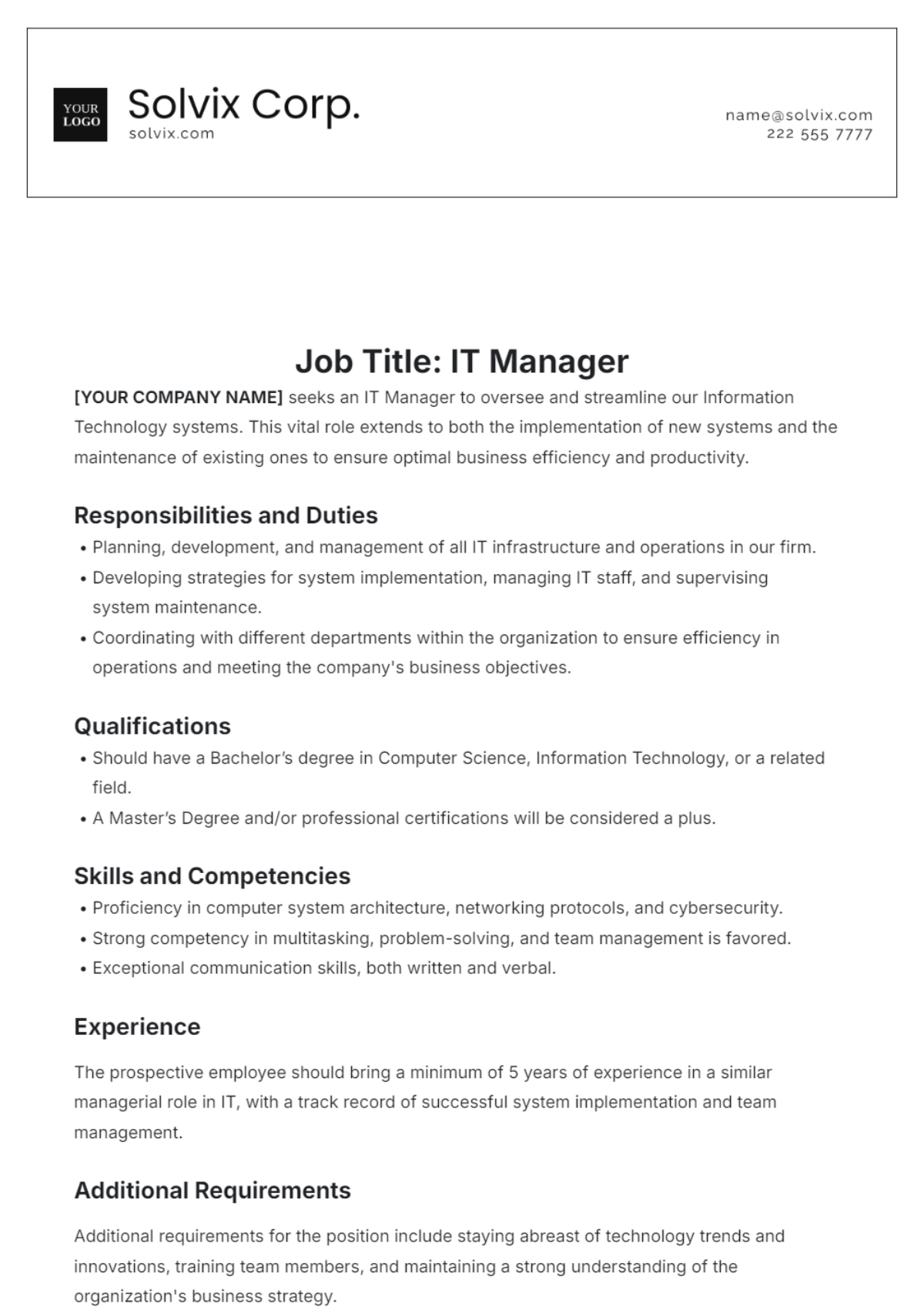 Sample IT Manager Job Description Template - Edit Online & Download