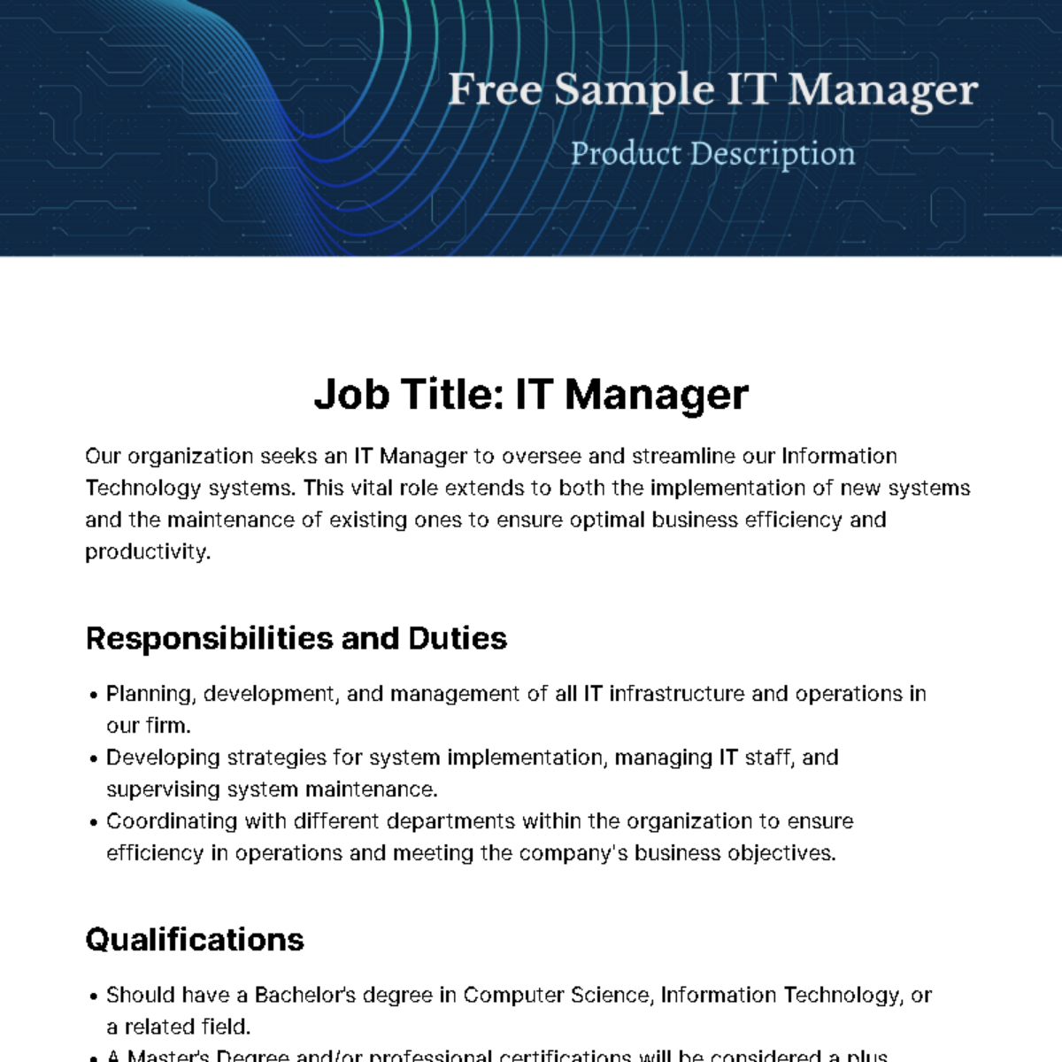 Free Sample IT Manager Job Description Template
