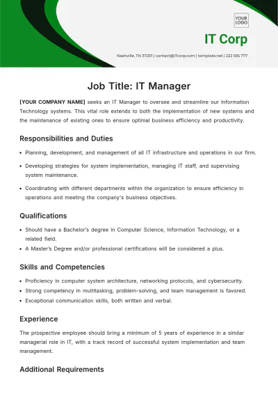 Free Sample IT Manager Job Description Template to Edit Online