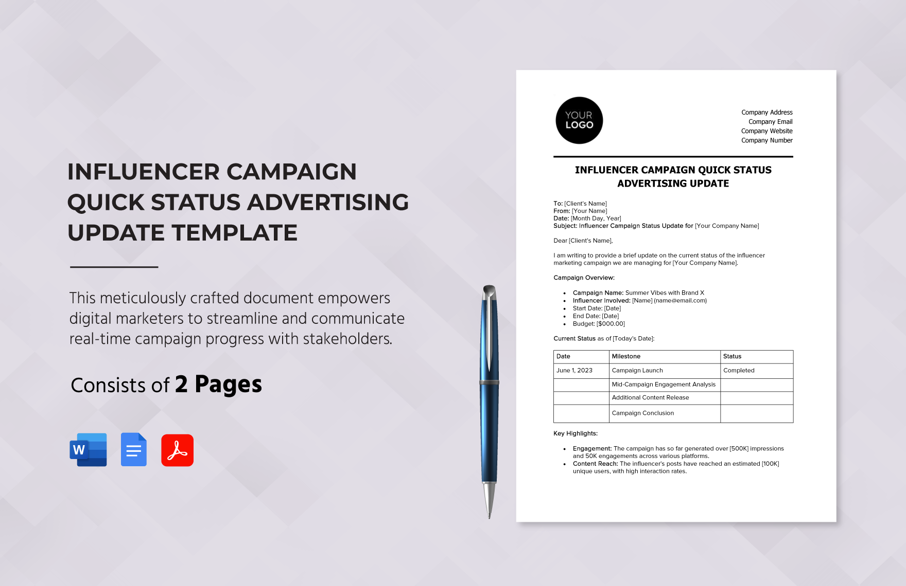 Influencer Campaign Quick Status Advertising Update Template in Word, Google Docs, PDF