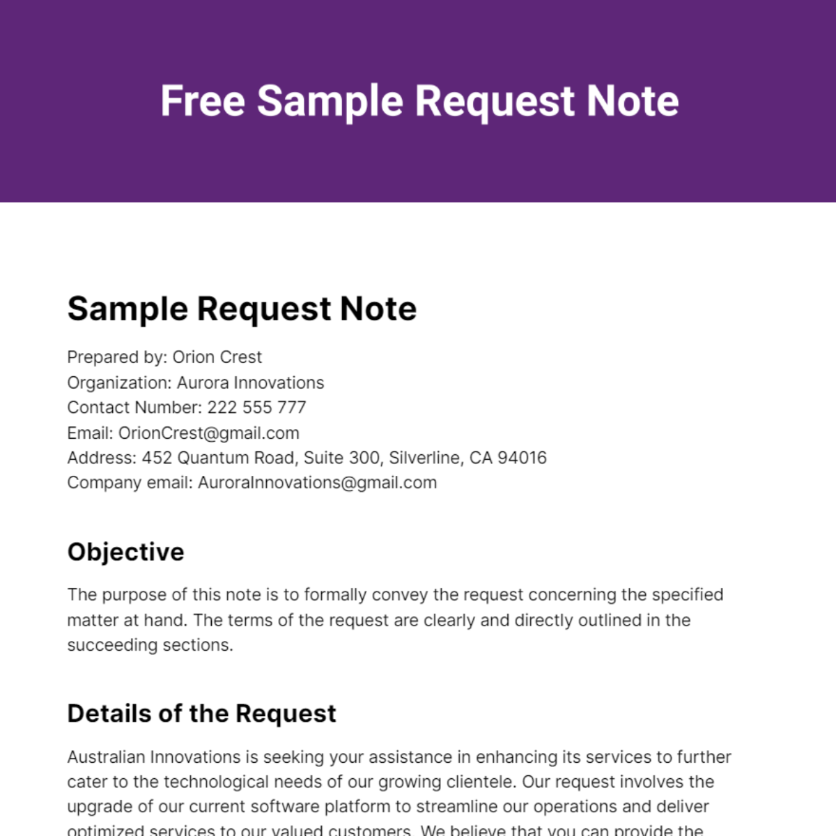 Sample Request Note Template