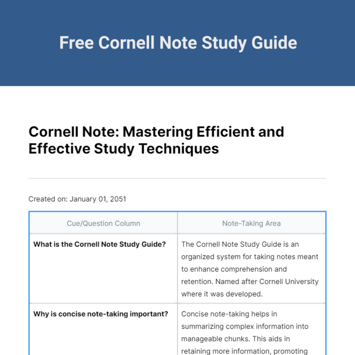 Cornell Note Study Guide Template