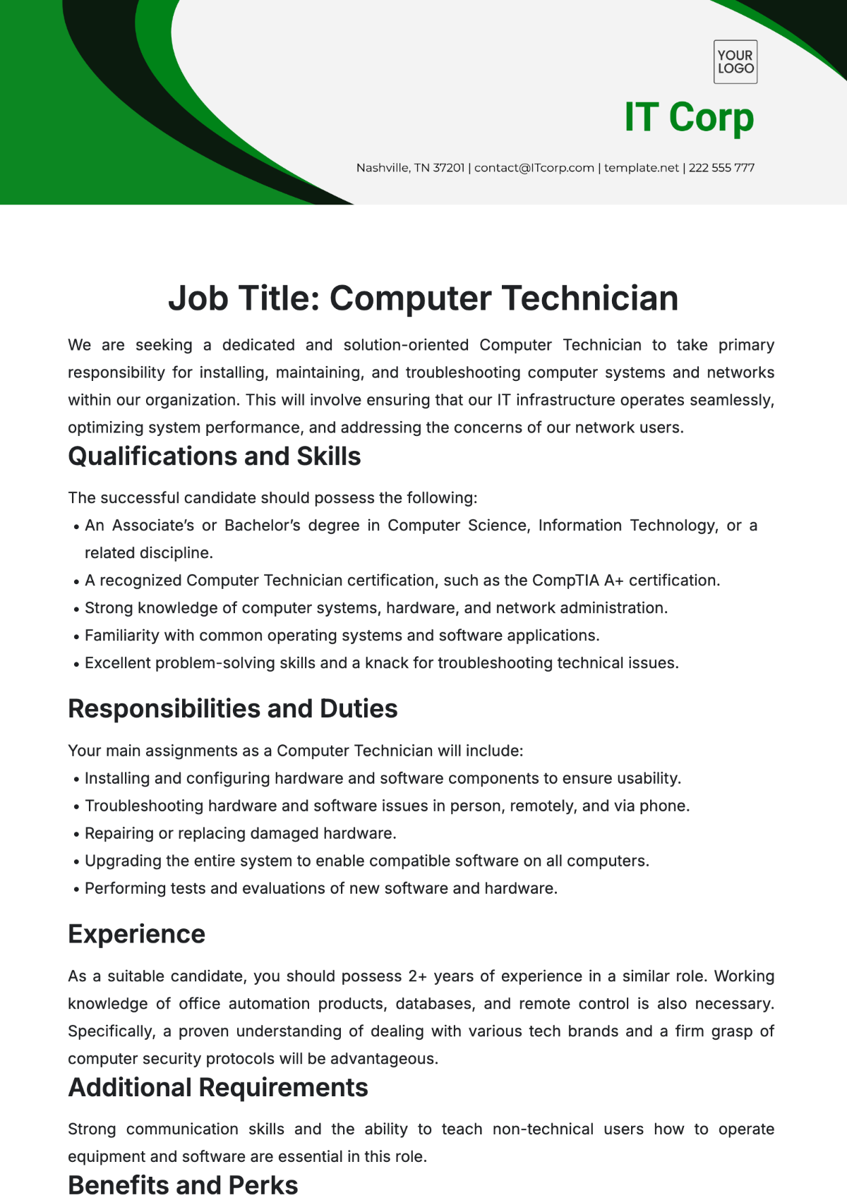 Computer Technician Job Description Template