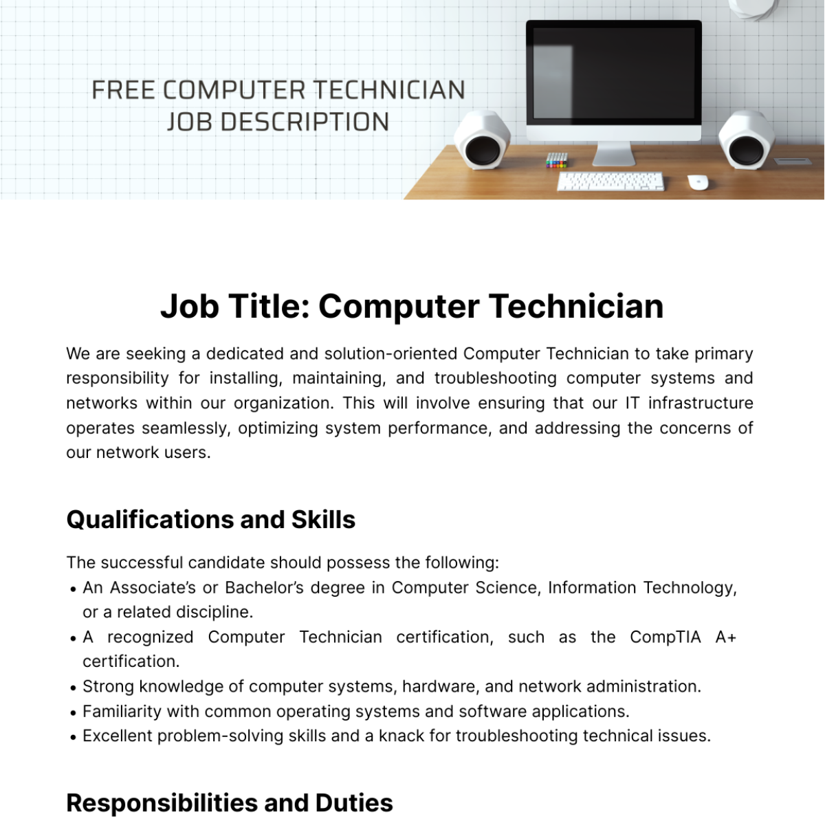 Free Computer Technician Job Description Template