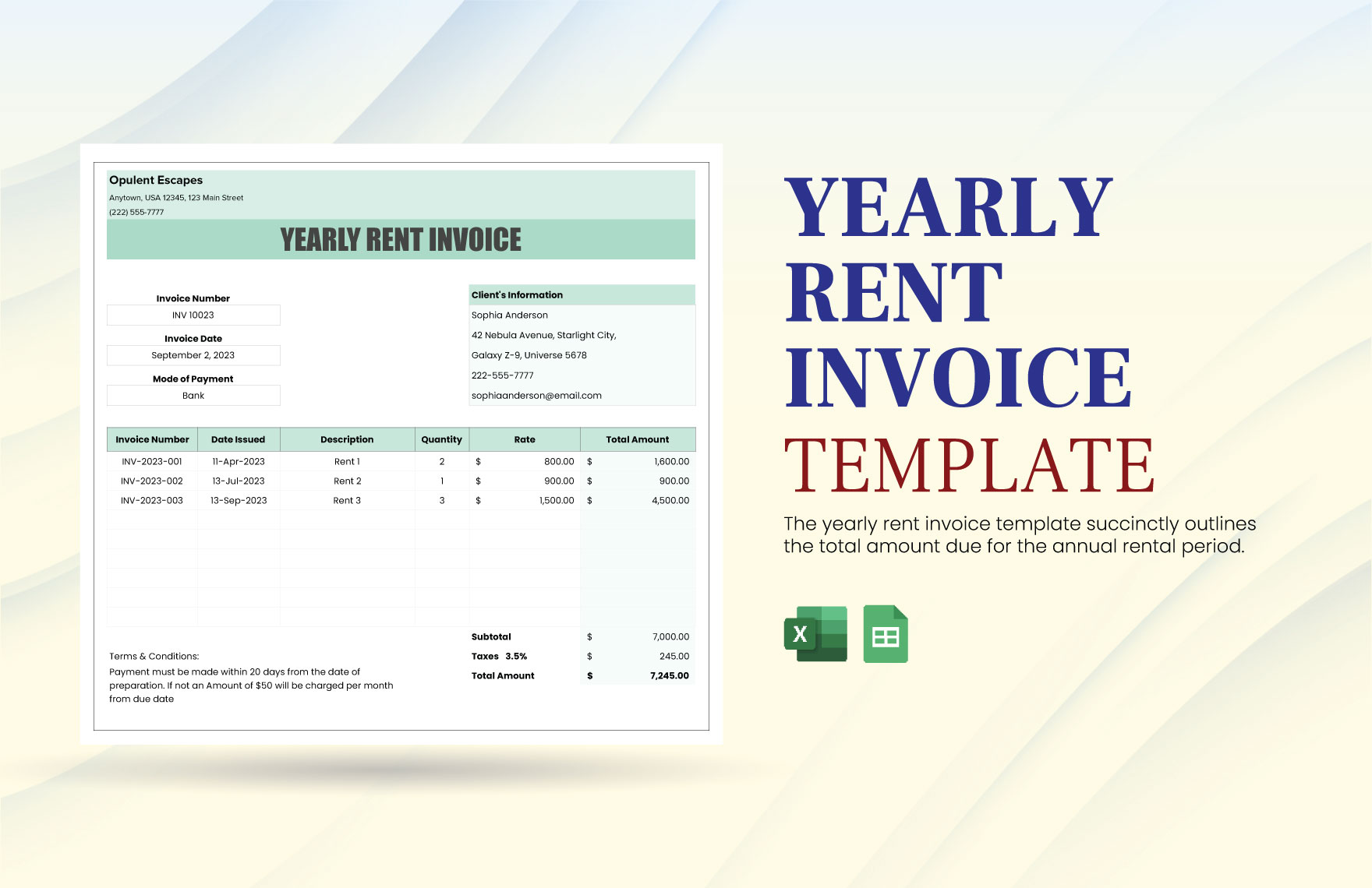 Yearly Rent Invoice Template in Excel, Google Sheets - Download | Template.net