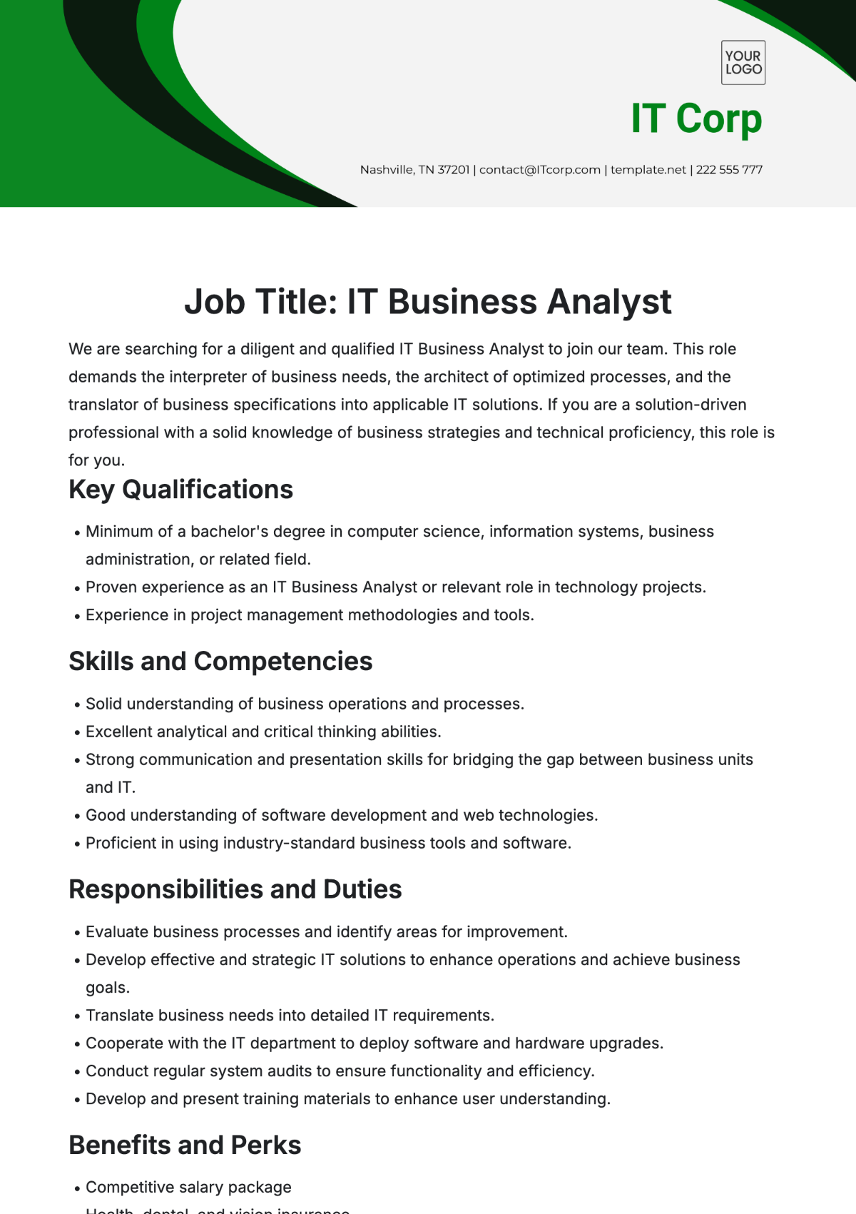 IT Business Analyst Job Description Template