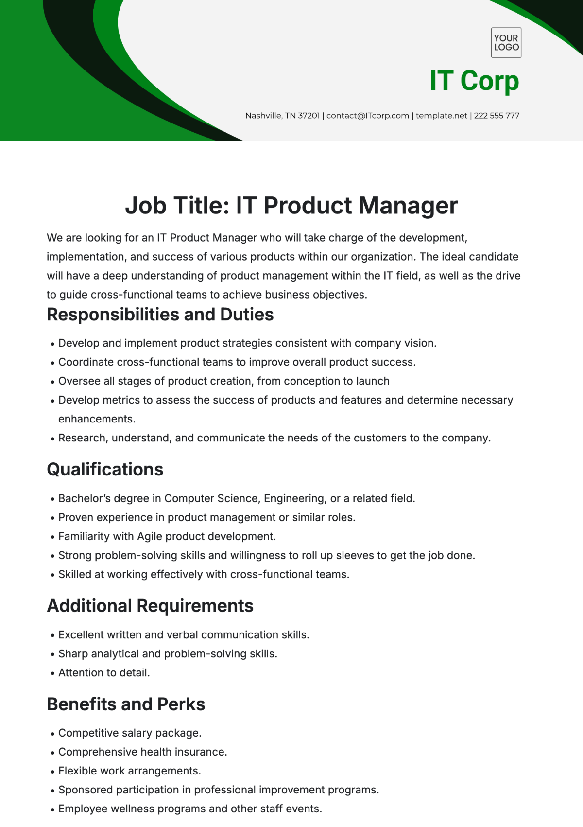 IT Product Manager Job Description Template