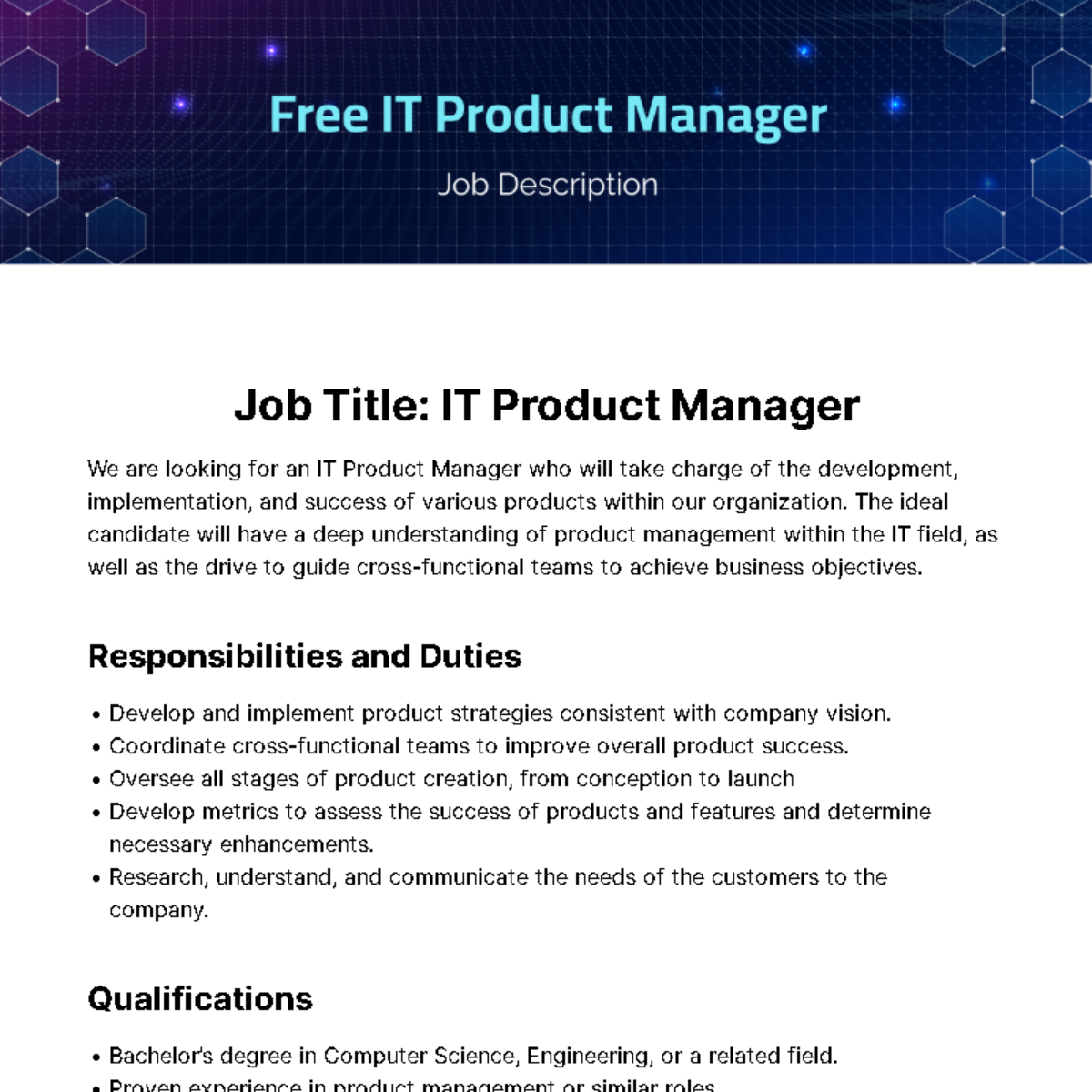 IT Product Manager Job Description Template