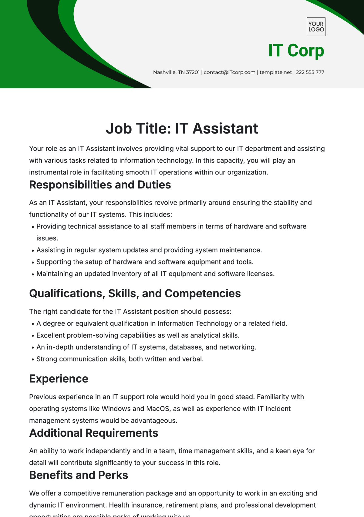 IT Assistant Job Description Template