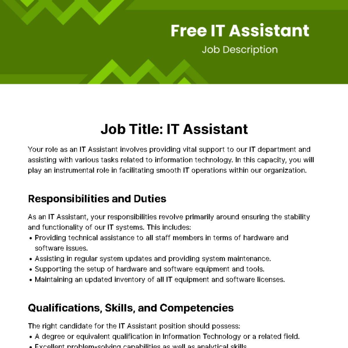 Free IT Assistant Job Description Template