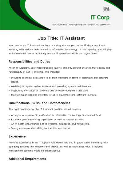 Free IT Assistant Job Description Template to Edit Online