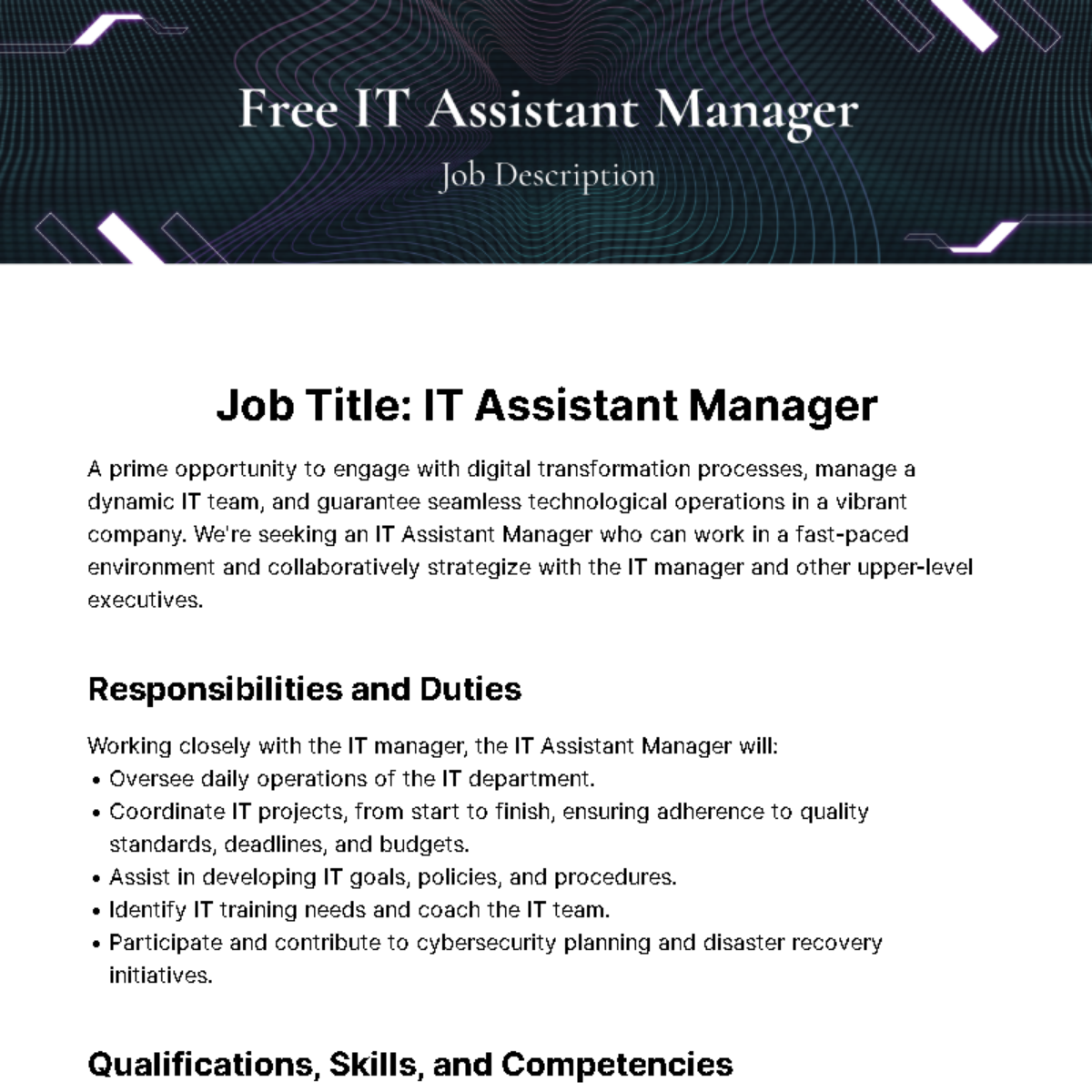 Free IT Assistant Manager Job Description Template