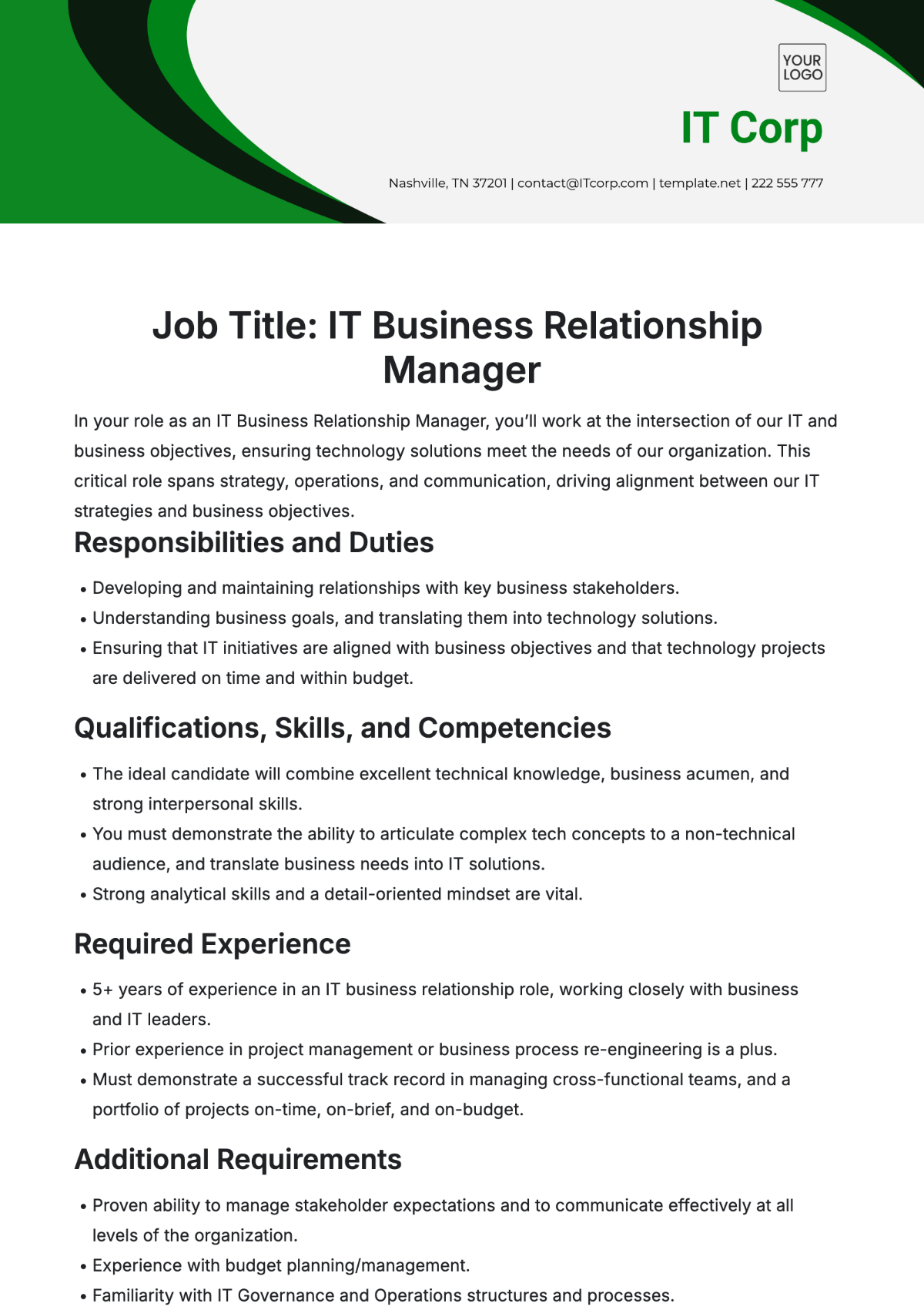 IT Business Relationship Manager Job Description Template