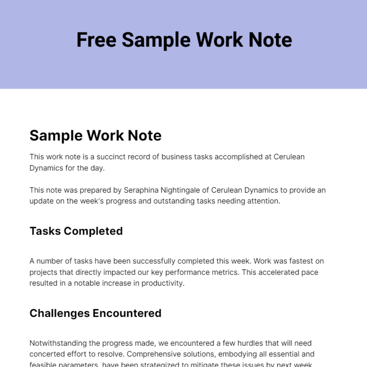 Sample Work Note Template