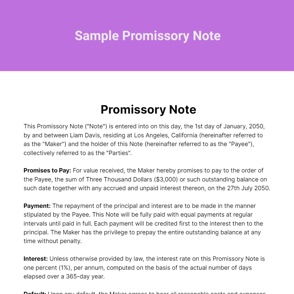 Sample Promissory Note  Template
