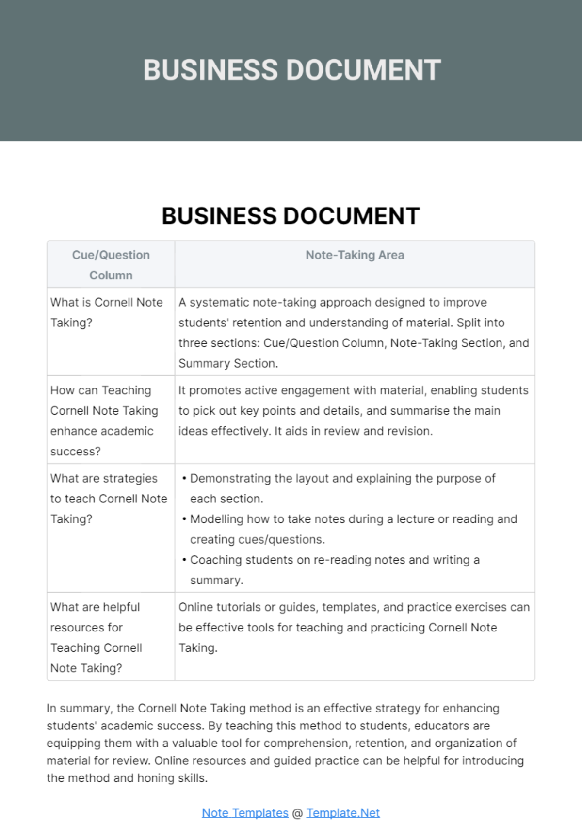 Free Teaching Cornell Note Taking Template