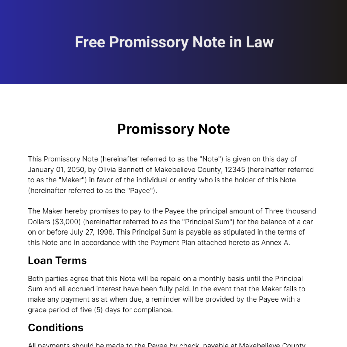 Promissory Note in Law Template