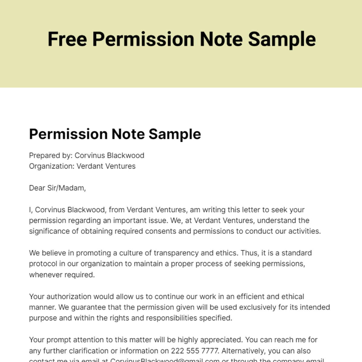Permission Note Sample Template