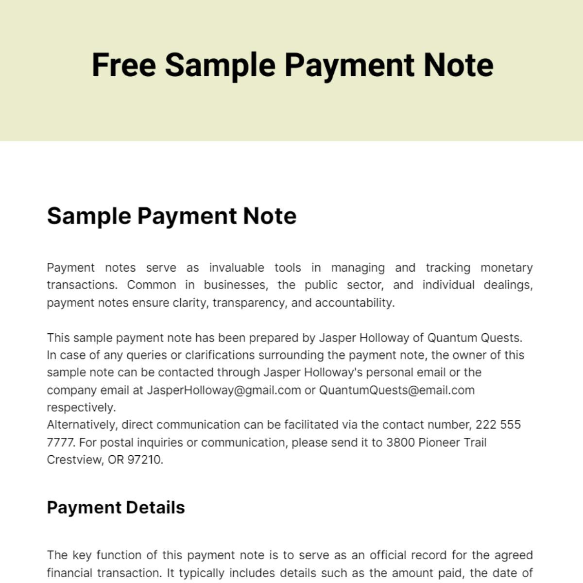 Sample Payment Note Template