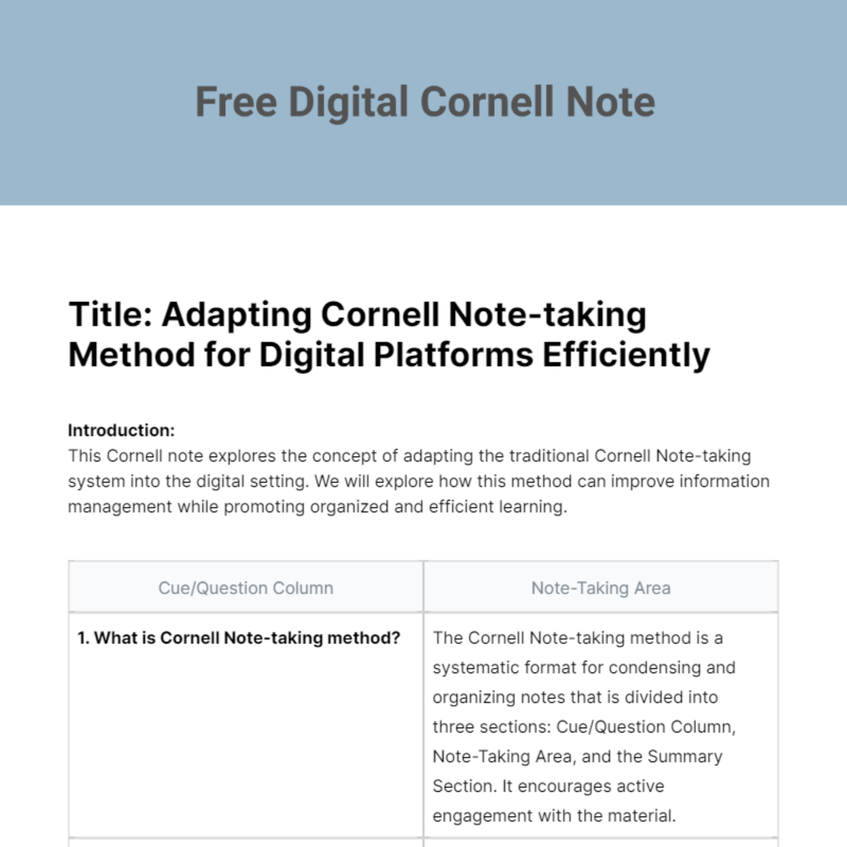 Digital Cornell Note Template