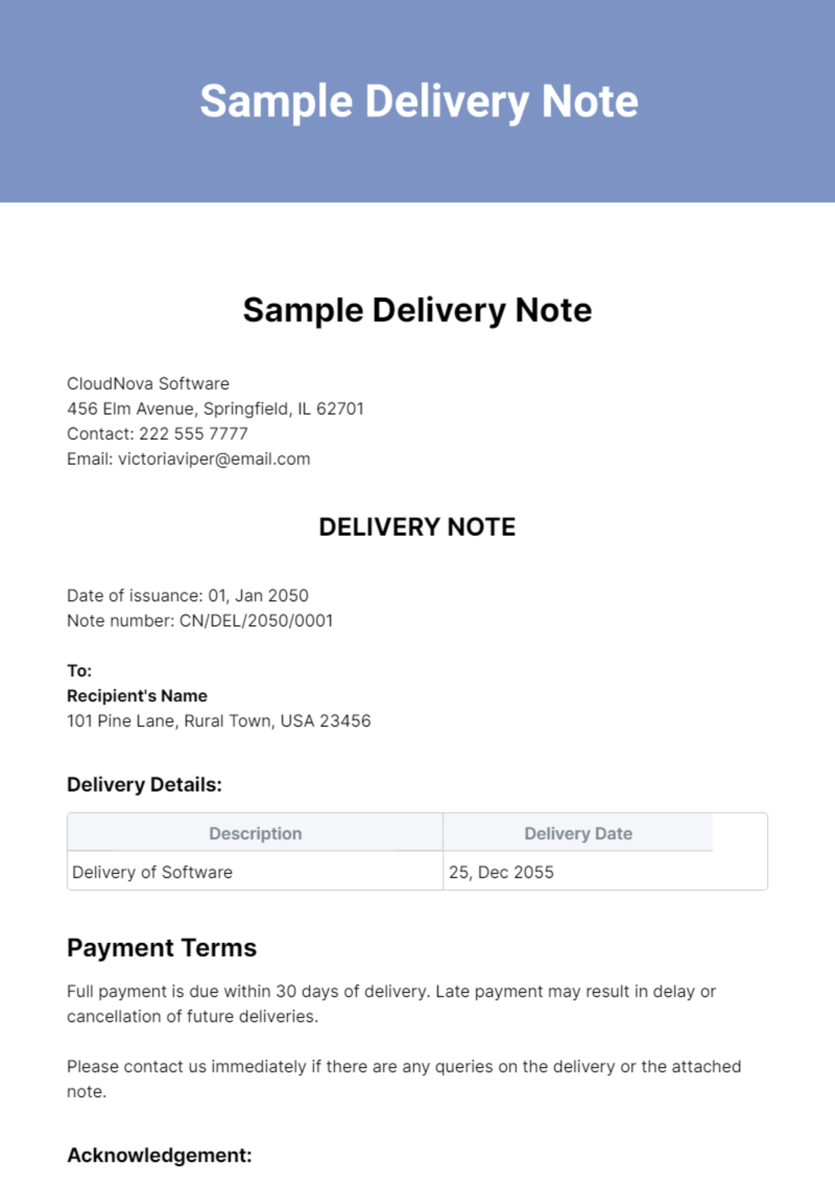 Sample Delivery Note Template - Edit Online & Download