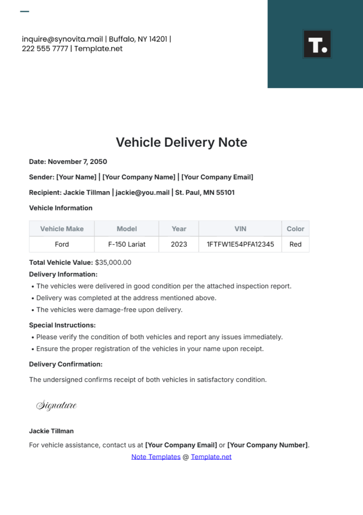 Free Vehicle Delivery Note Template