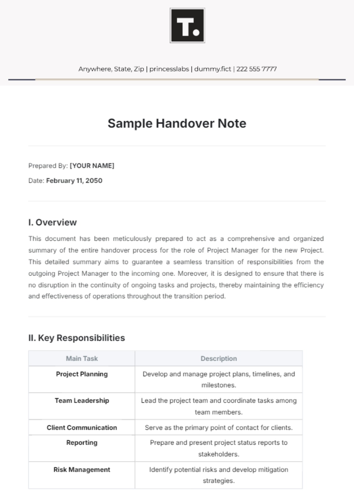 Sample Handover Note Template - Edit Online & Download