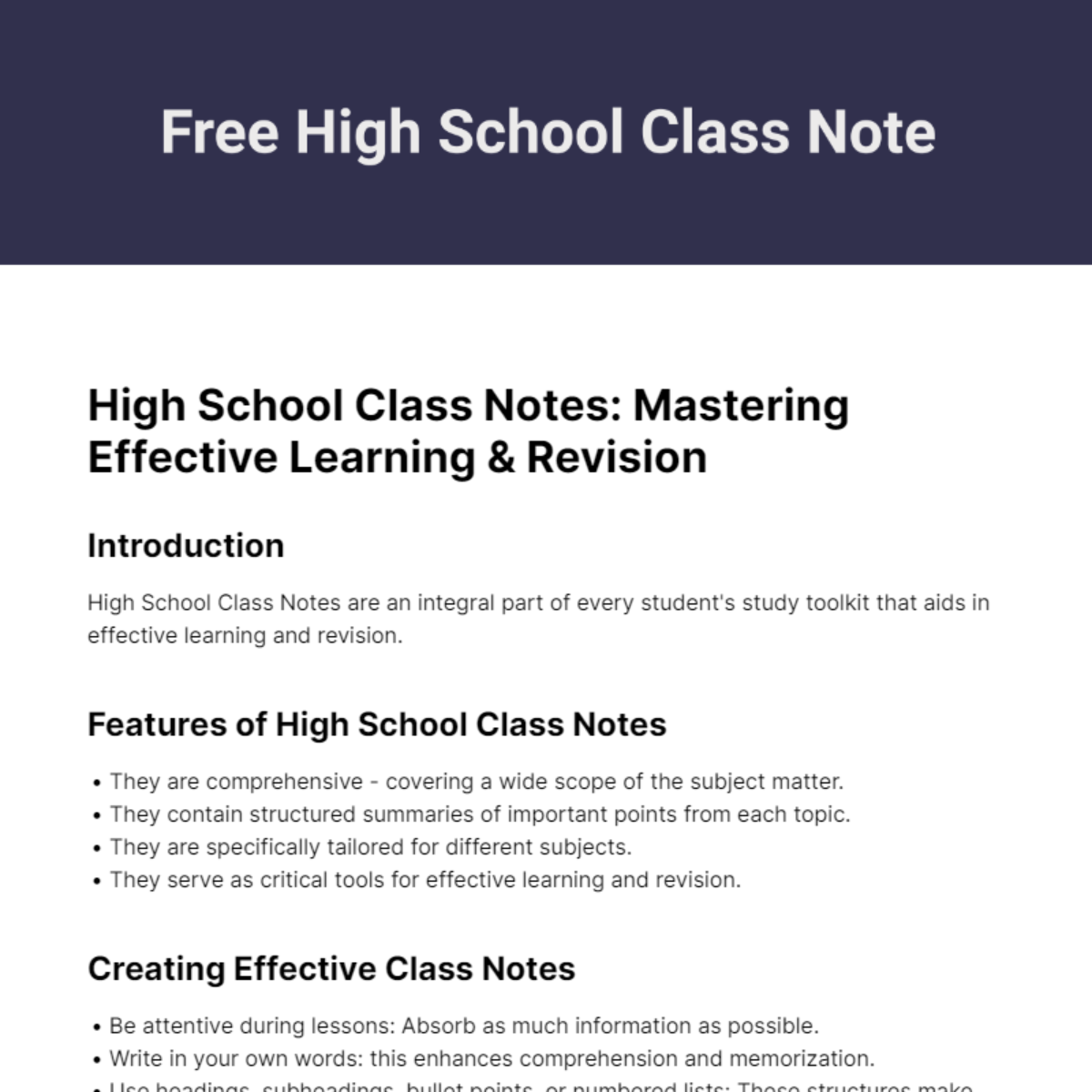 Free High School Class Note Template