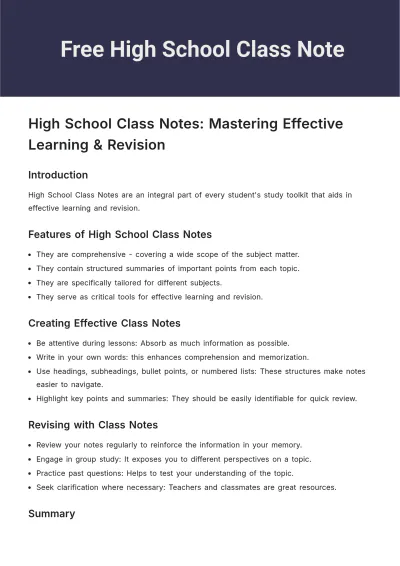 Free High School Class Note Template to Edit Online