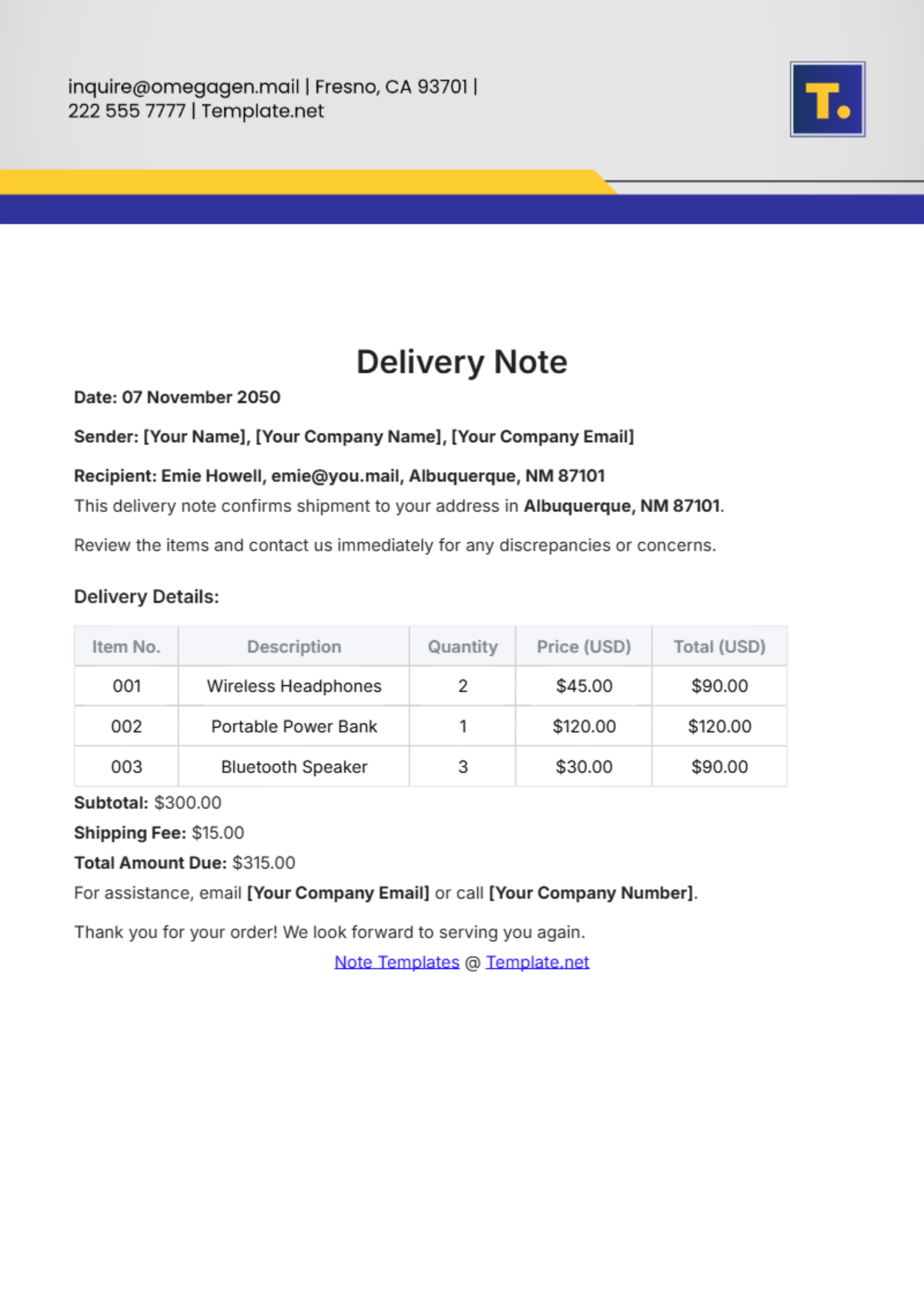 Delivery Note Template - Edit Online & Download