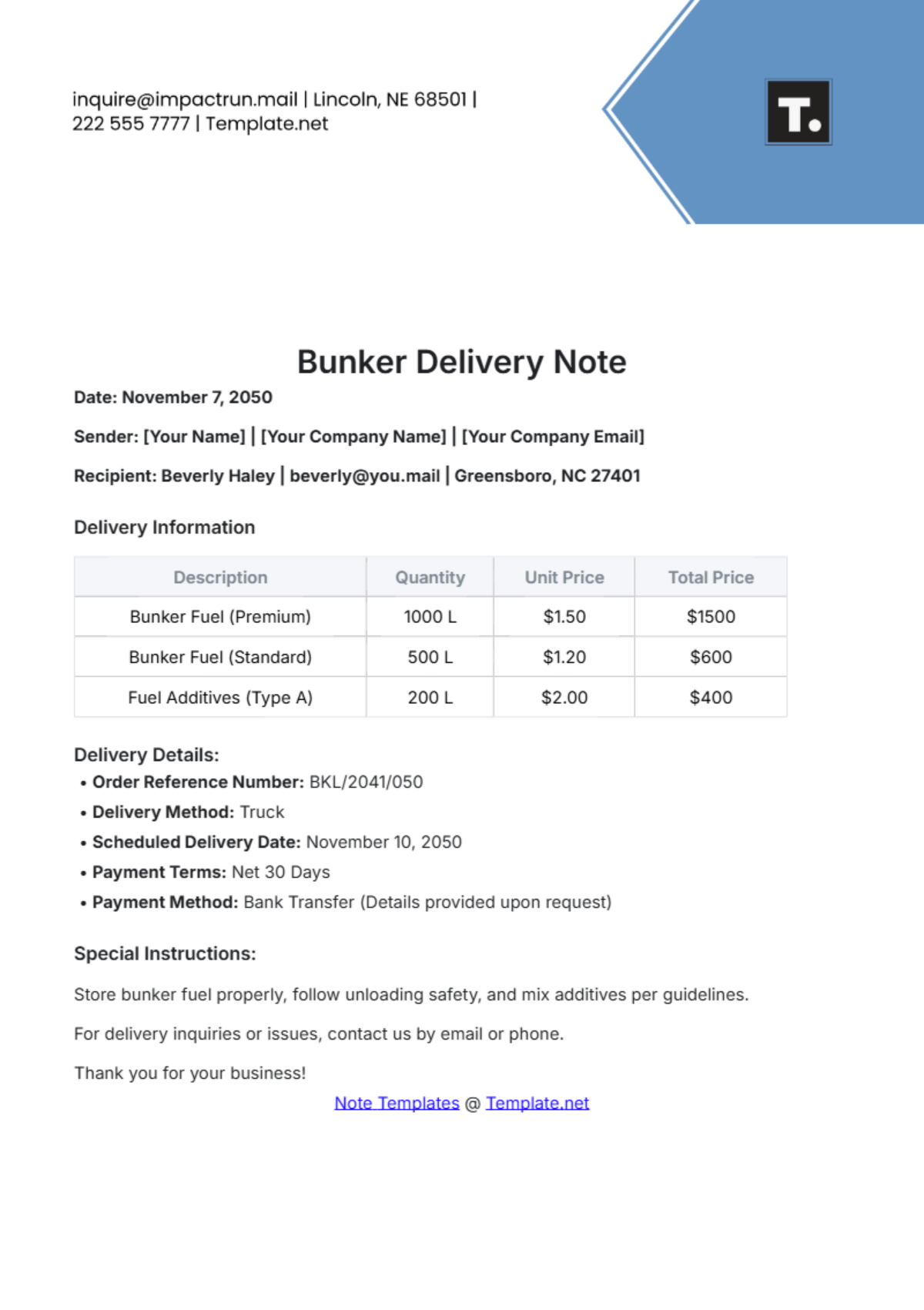 Free Bunker Delivery Note Template