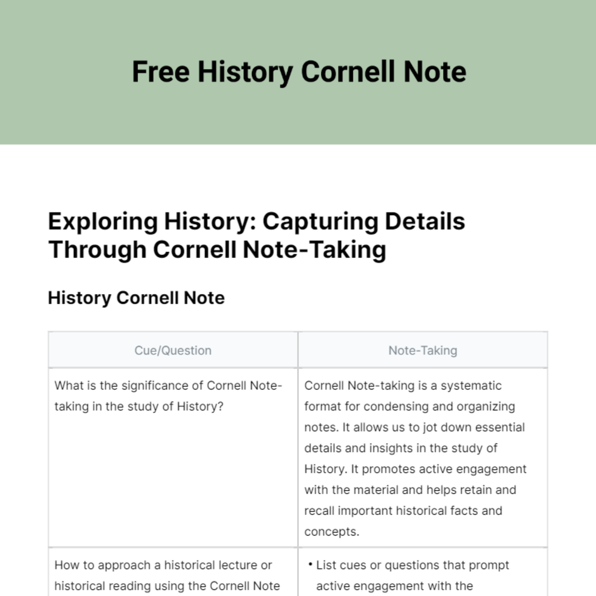 History Cornell Note Template