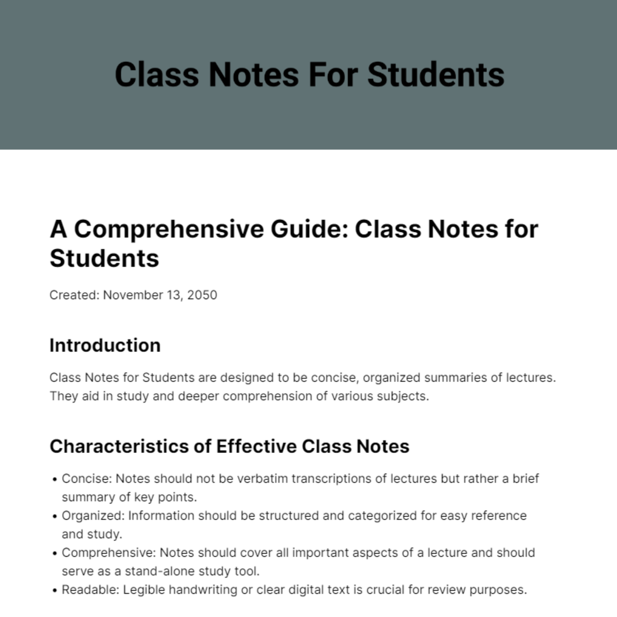 Free Class Note for Students Template