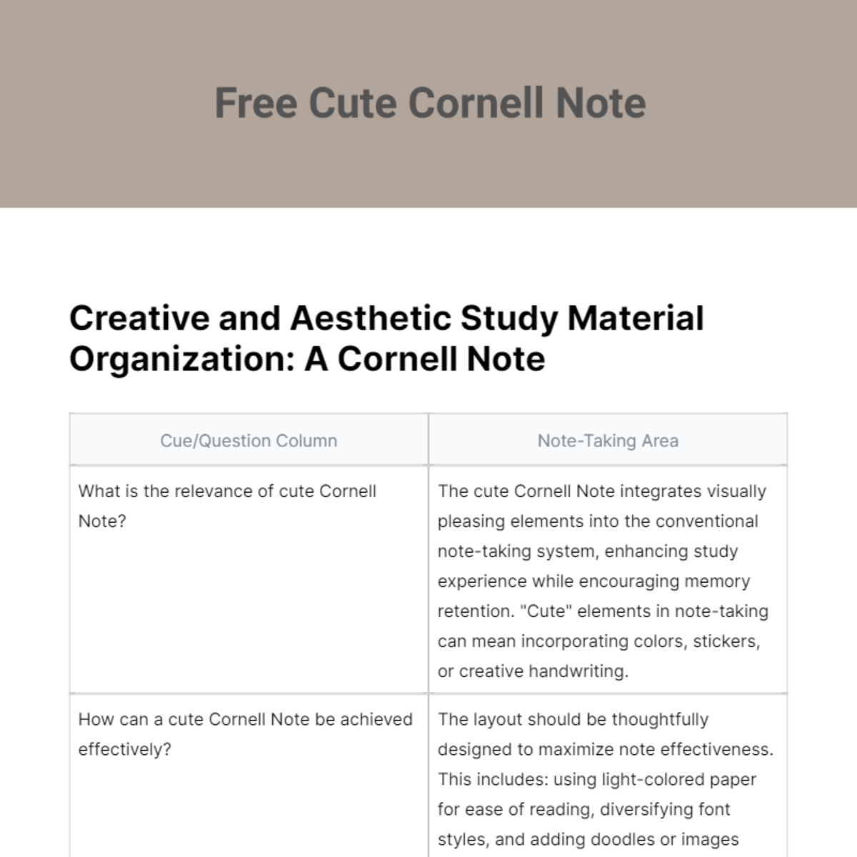 Free Cute Cornell Note Template