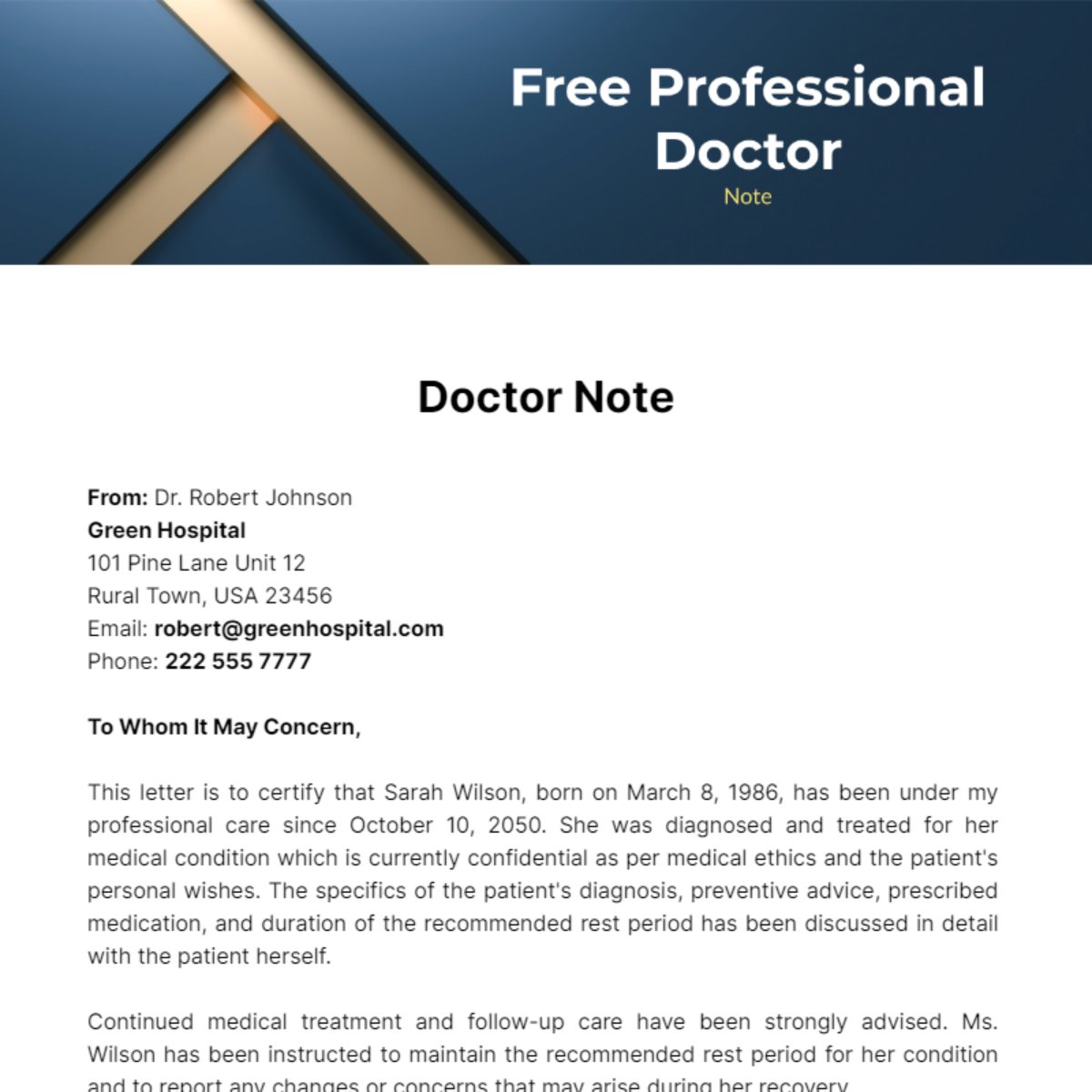 Professional Doctor Note Template