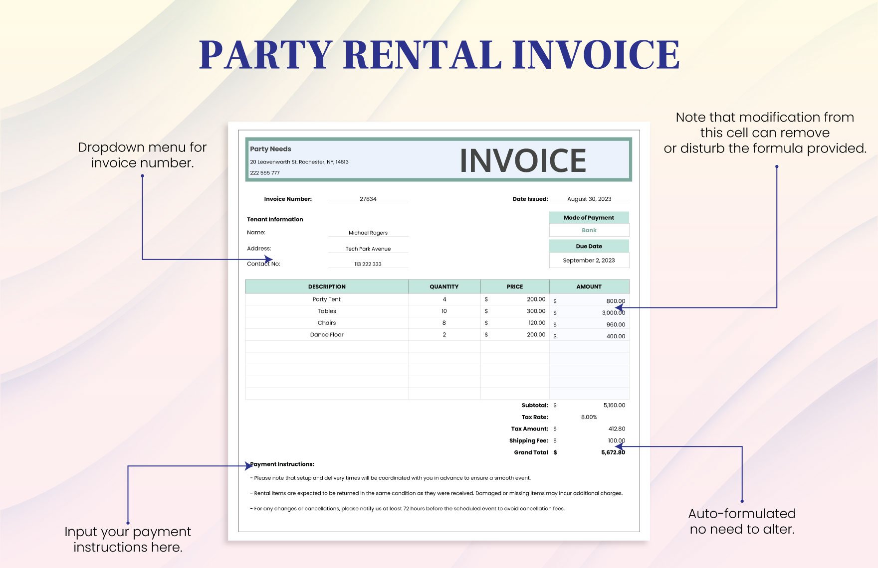 Party Rental Invoice Template