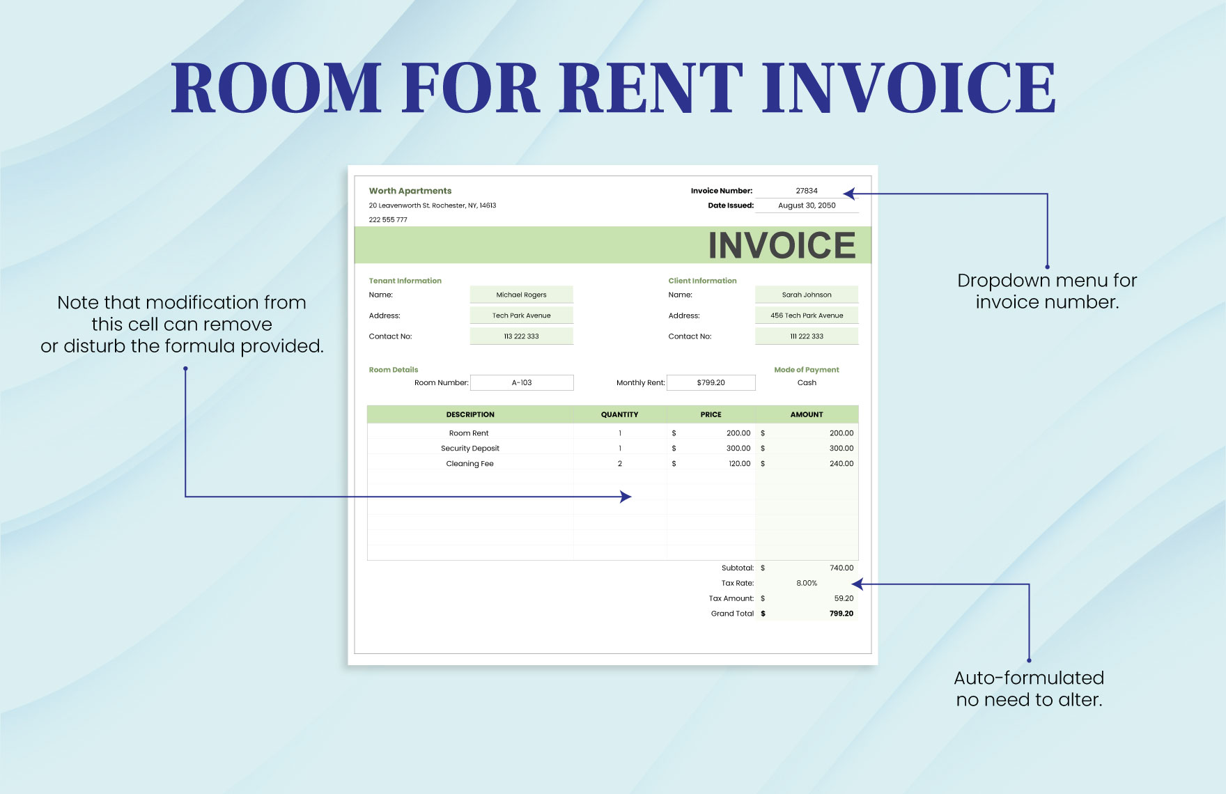 Room for Rent Invoice Template